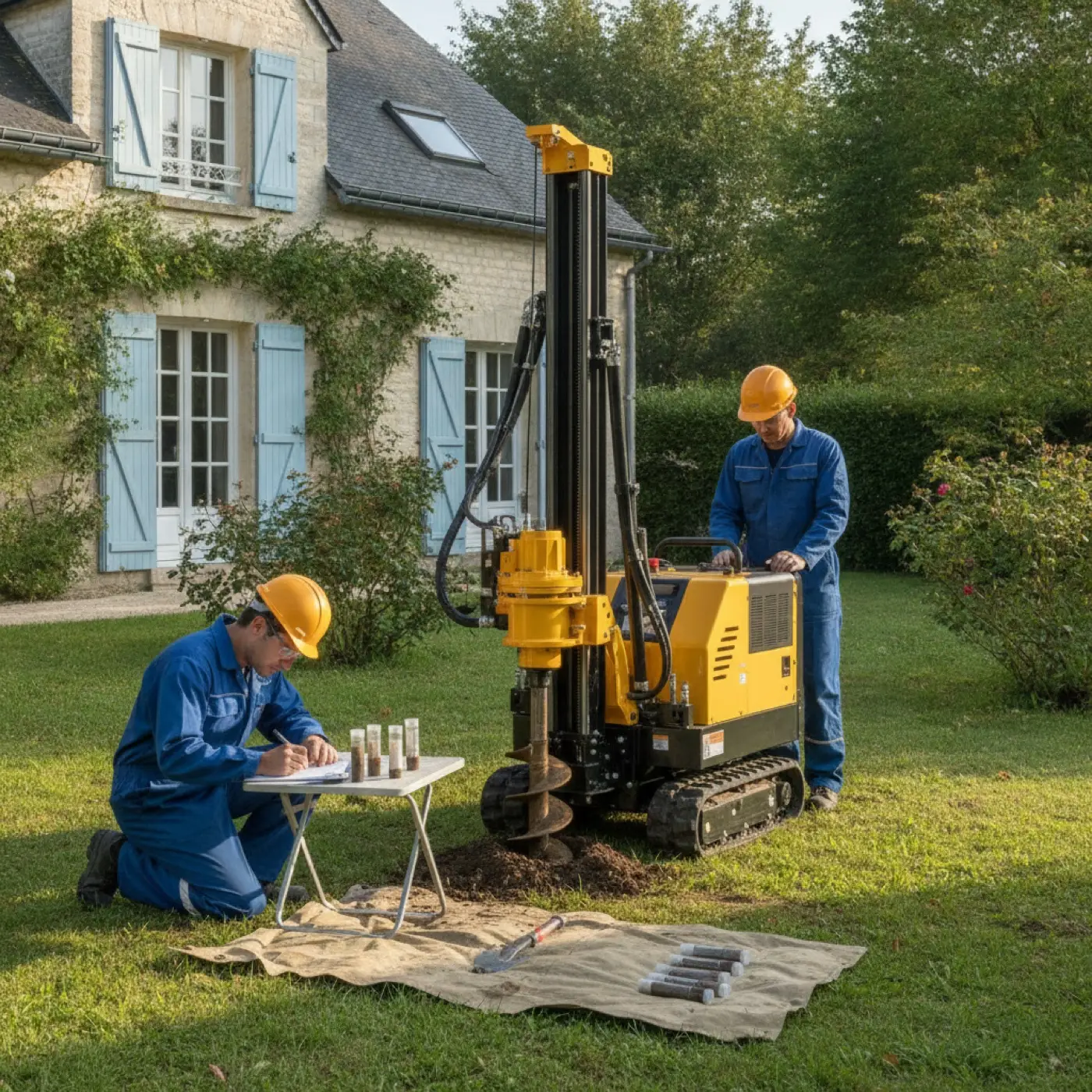 Deux techniciens réalisant un sondage géotechnique sur la pelouse devant une maison