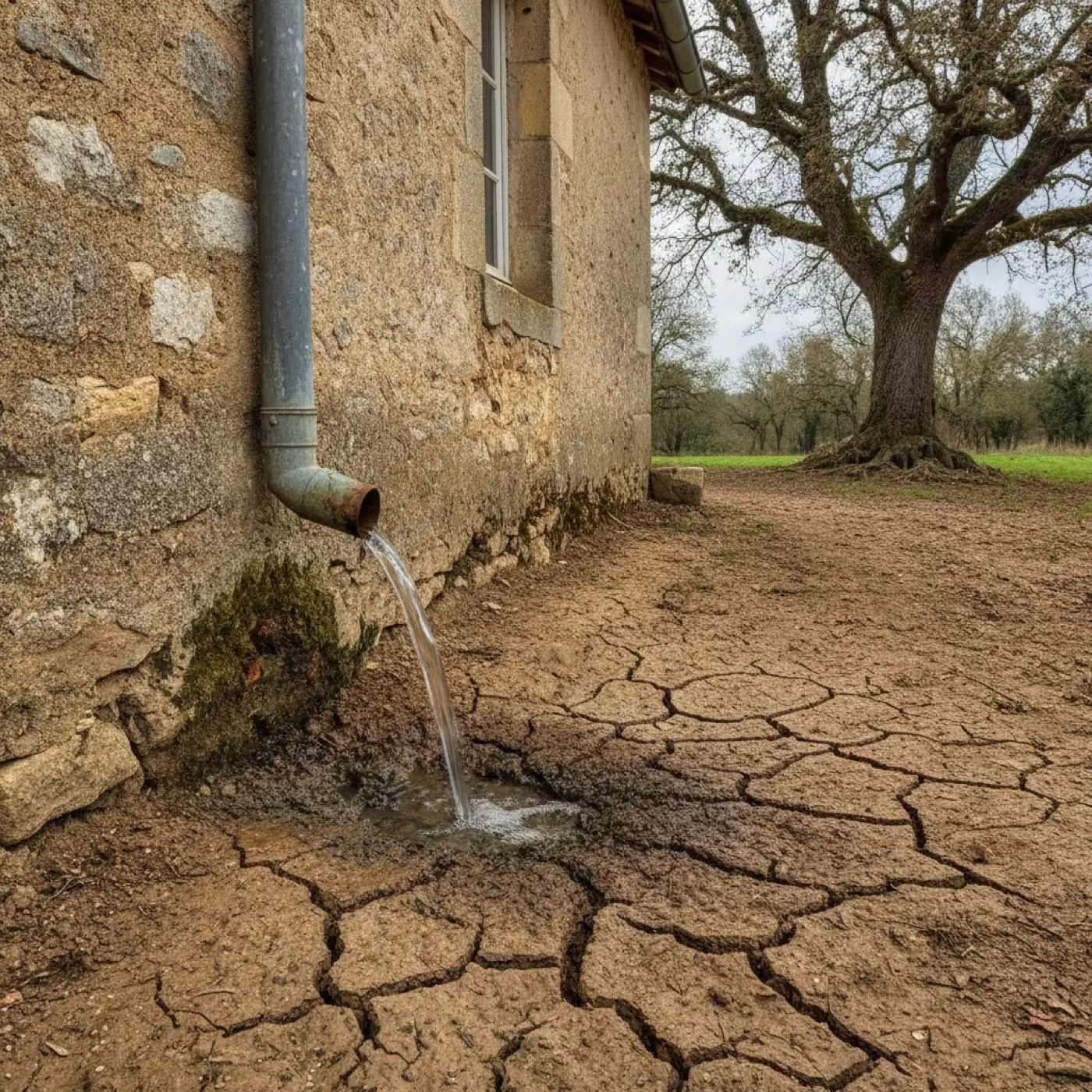 Gouttière déversant l'eau de pluie au pied d'un mur en pierre sur un sol craquelé