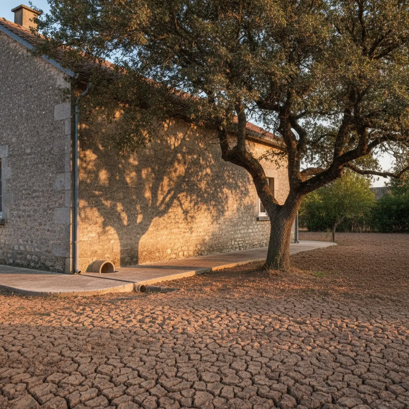 Chêne planté près d'une maison en pierre sur un sol craquelé par la sécheresse