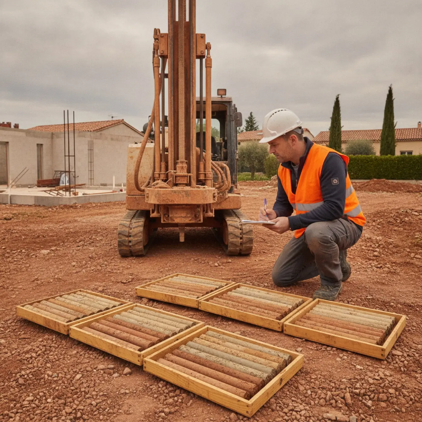 Géotechnicien en gilet orange notant ses observations devant des caisses de carottes de sol, sondeuse en arrière-plan