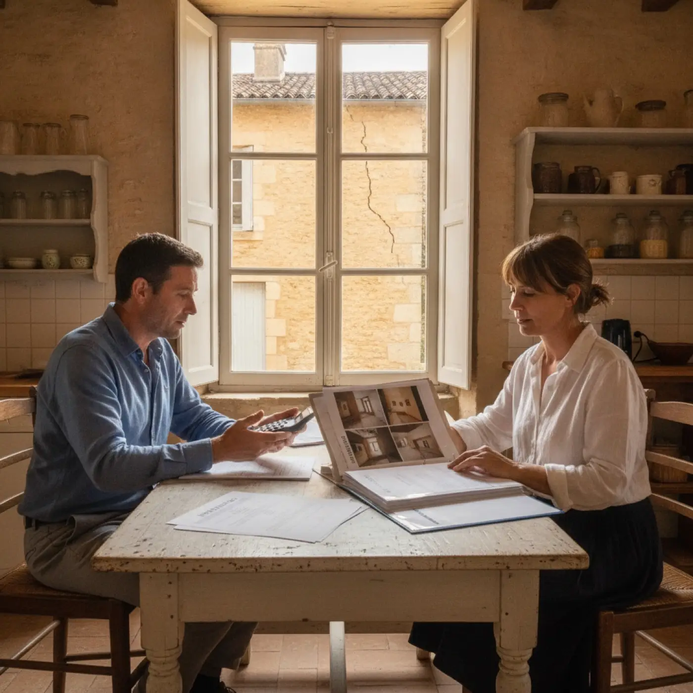 Un couple examine un dossier d'indemnisation à table, une fissure visible sur le mur extérieur par la fenêtre