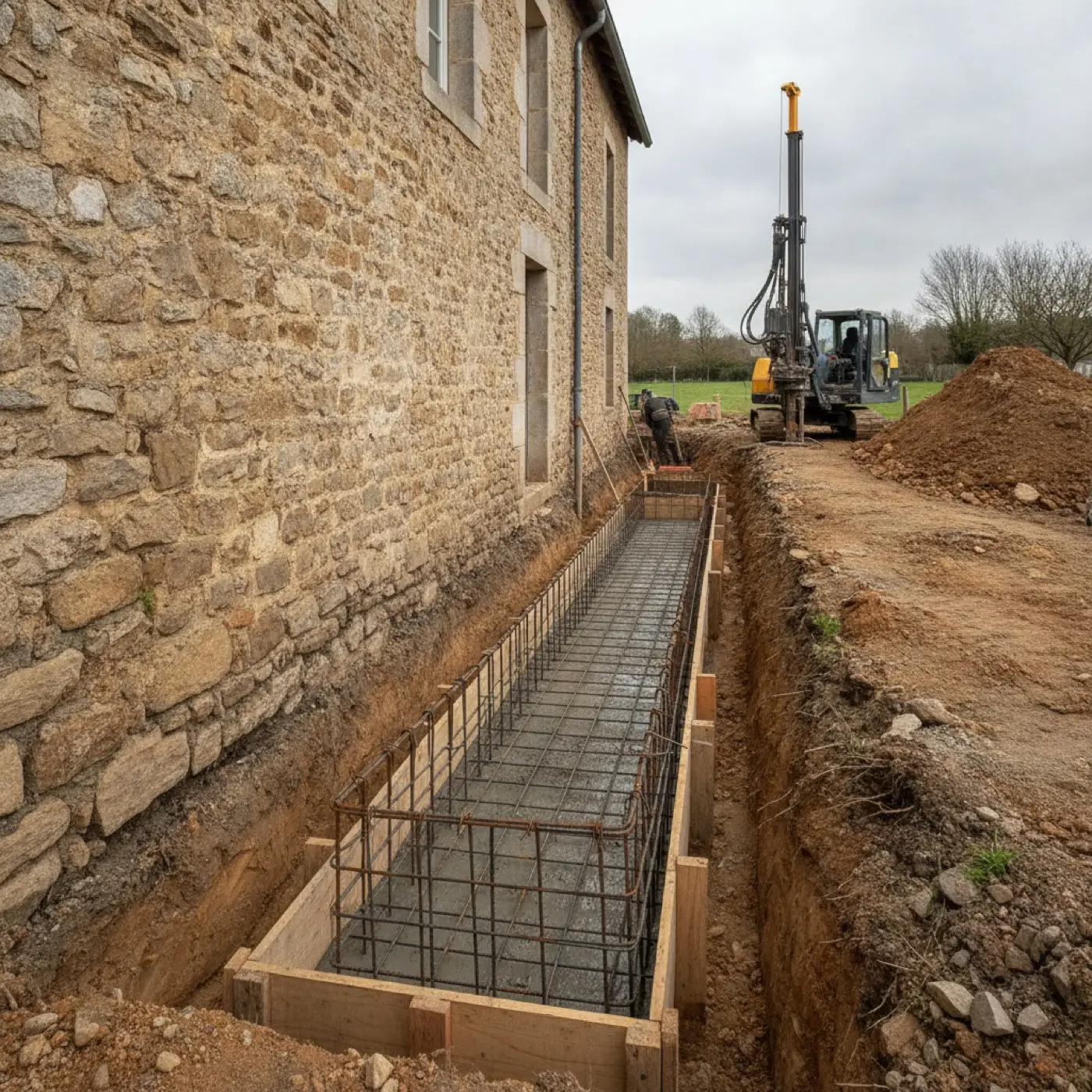 Tranchée avec ferraillage de longrine le long d'un mur en pierre, foreuse de micropieux en arrière-plan