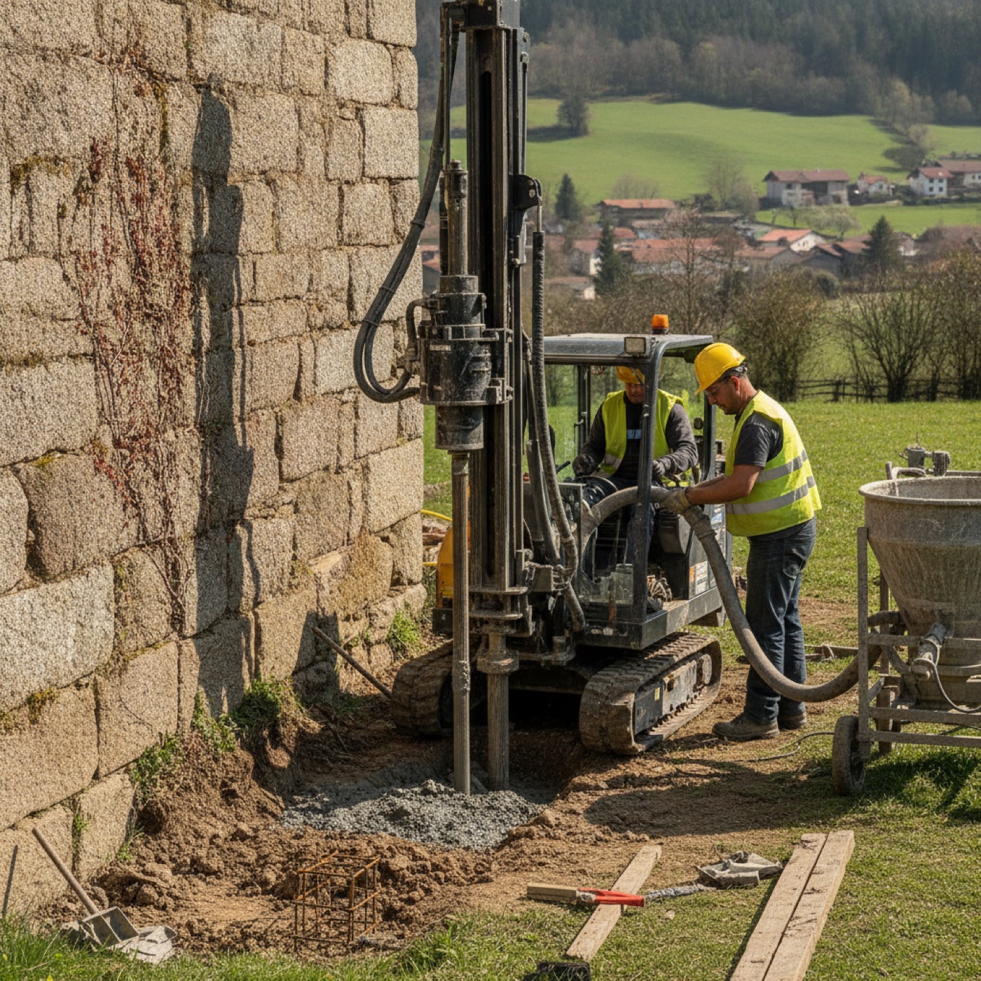 Foreuse compacte installant des micropieux le long des fondations d'une maison, avec ouvriers casqués et tuyau d'injection de coulis