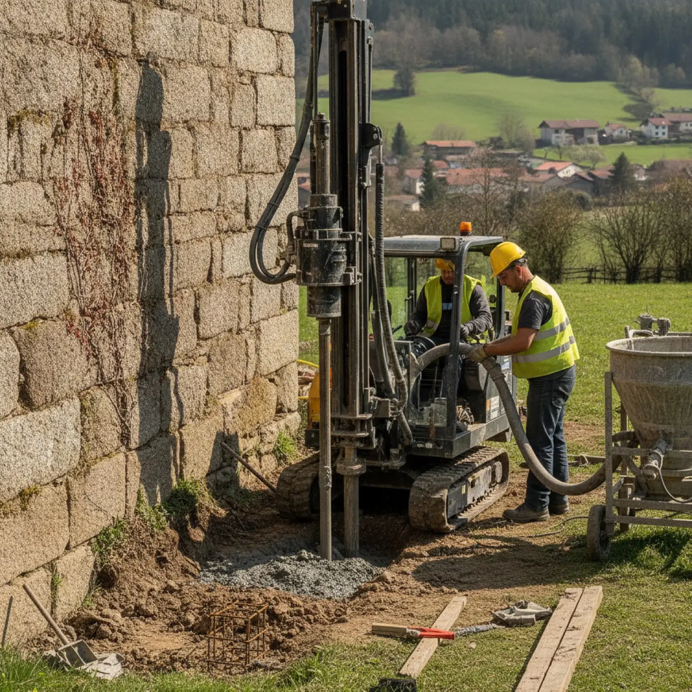 Foreuse compacte installant des micropieux le long des fondations d'une maison, avec ouvriers casqués et tuyau d'injection de coulis