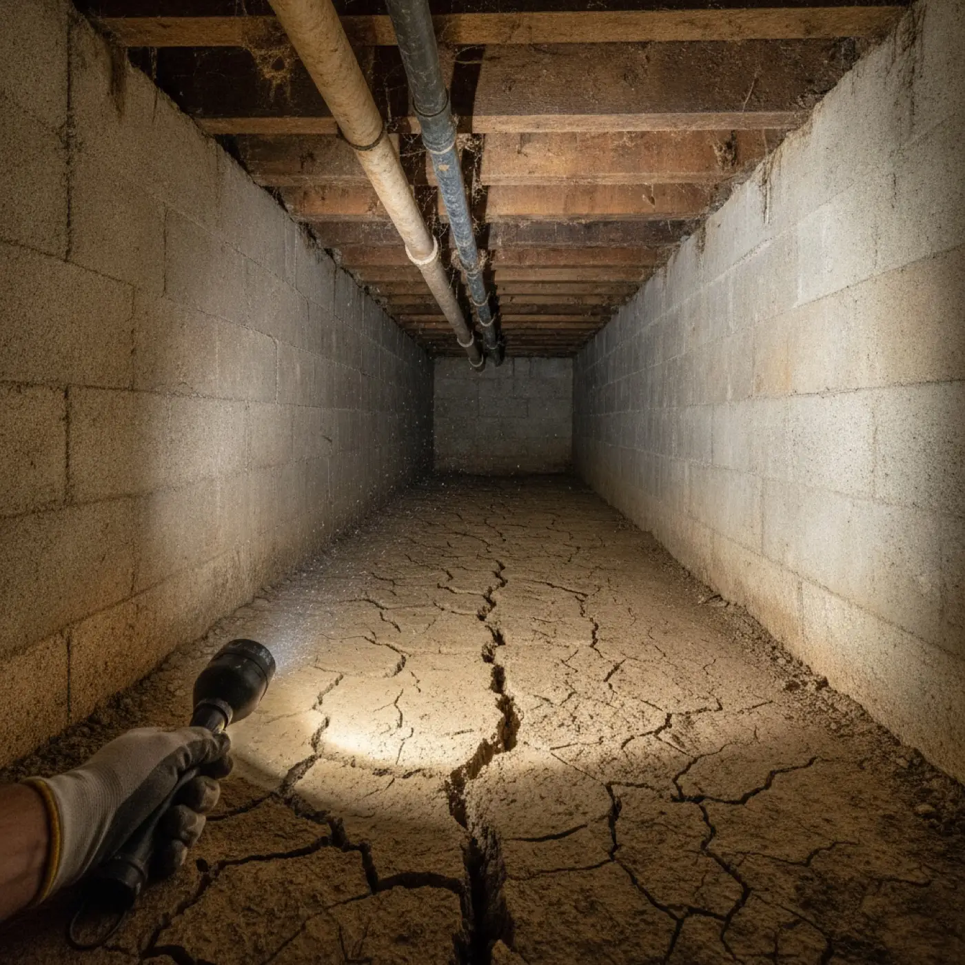 Vide sanitaire sous une maison en pierre, murs de fondation en béton éclairés à la lampe torche, sol argileux sec et fissuré