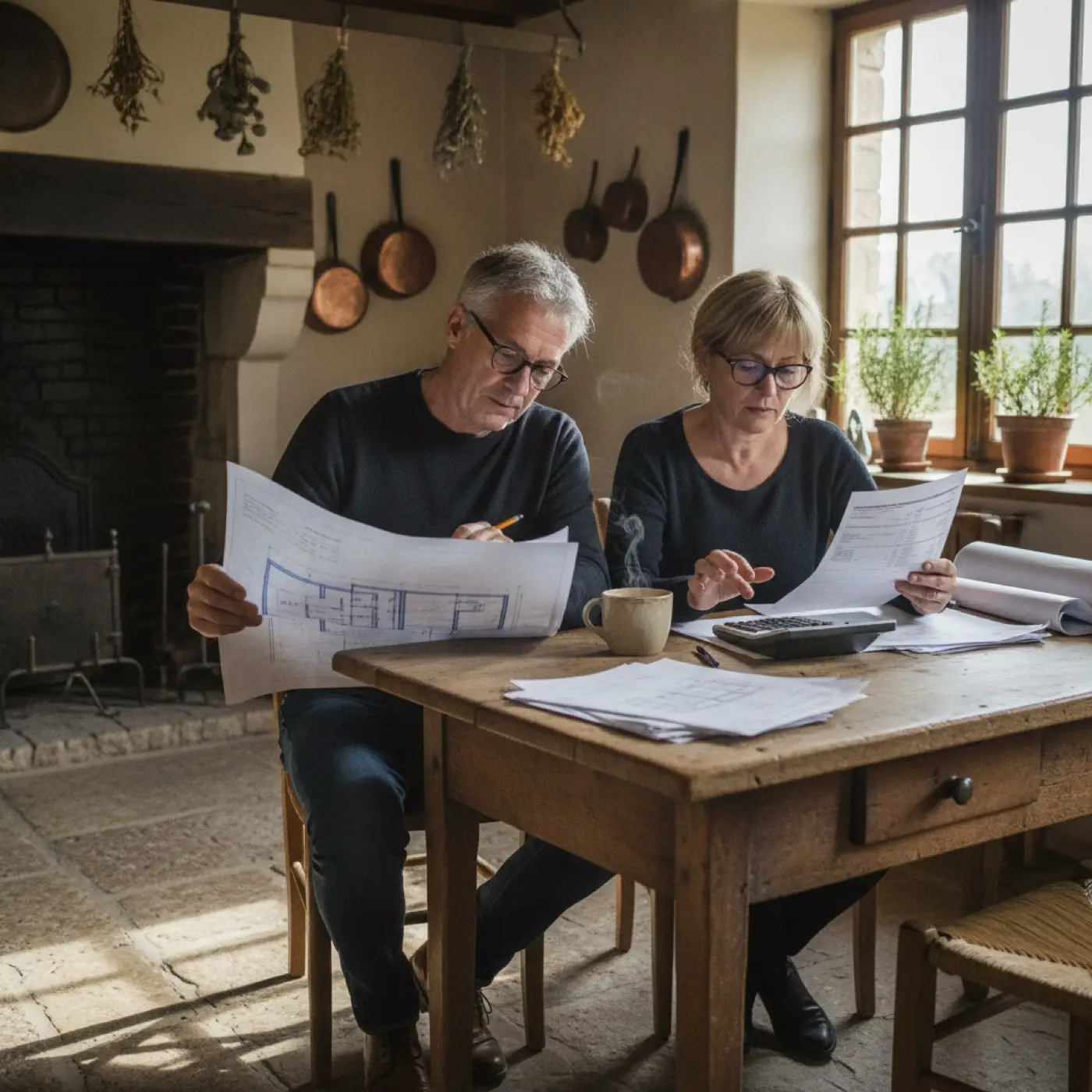 Un couple de propriétaires lit un devis de micropieux et un plan de fondations à la table de la cuisine