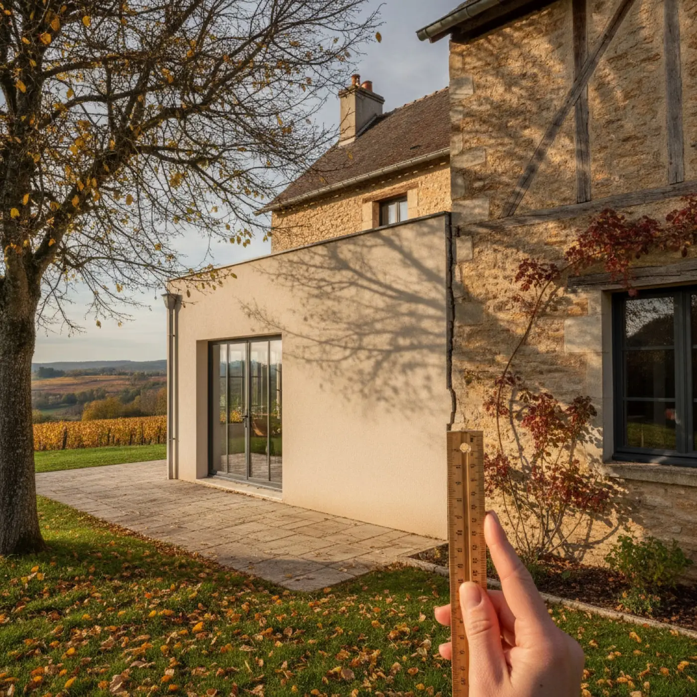 Maison ancienne et extension plus récente, avec une fissure verticale à la jonction entre les deux murs