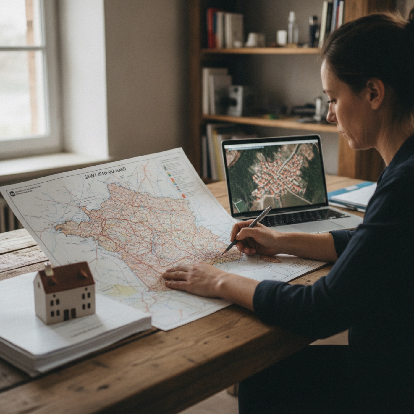 Personne examinant une carte imprimée des risques naturels d'une commune, à côté d'un ordinateur portable et d'une petite maquette de maison